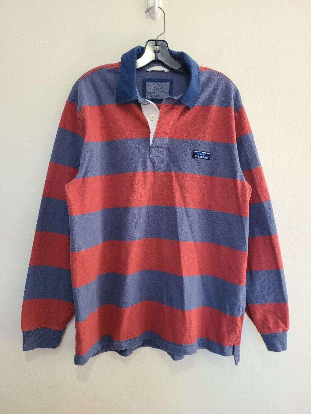 LL Bean Rugby Shirt Men's size L Blue Striped Cotton Long Sleeve Polo Y2K